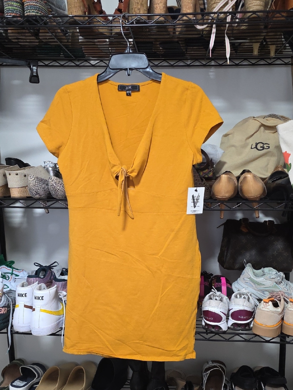 Vibe Mustard Short-Sleeve Tie-Front Mini Dress